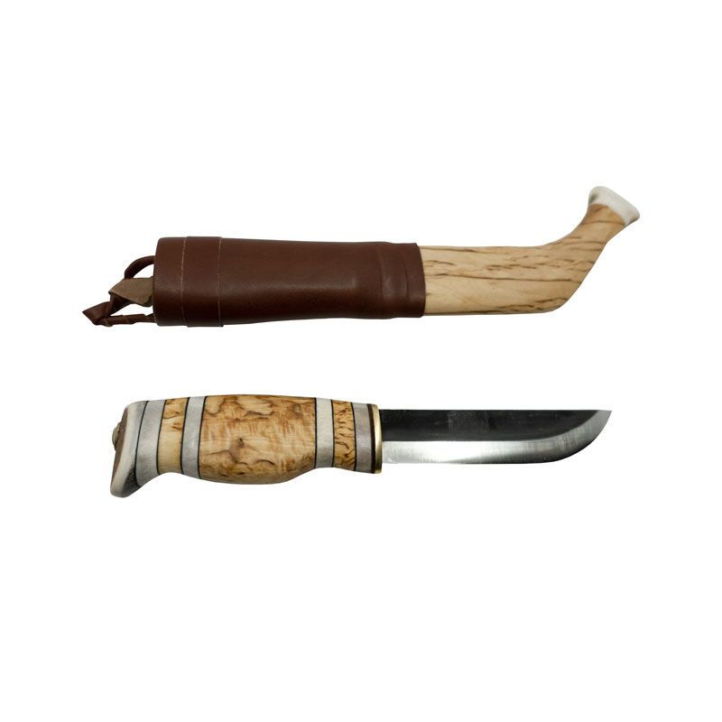 Kniv med buet slire og skaft i reinhorn og bjørk 